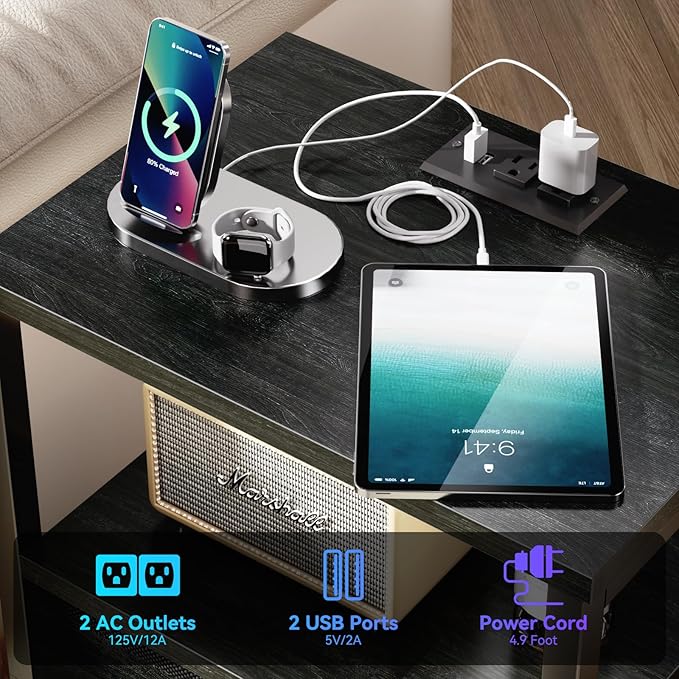 Furologee Nightstands Set of 2, End Tables with Charging Station and LED Lights, Black Night Stands with 2 Fabric Drawers, Bedside Tables Set of 2 for Living Room/Bedroom,Black Oak - Image 5