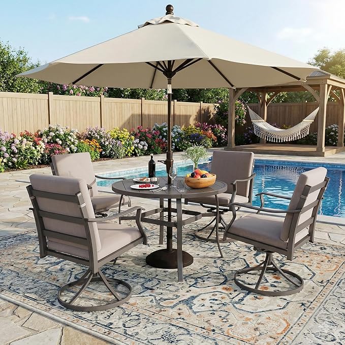 EROMMY 5-Piece Outdoor Patio Dining Set, 4 Swivel Chairs with Removable Cushions & Round Metal Table with Umbrella Hole, All-Weather Furniture for Backyard, Garden and Deck by EROMMY