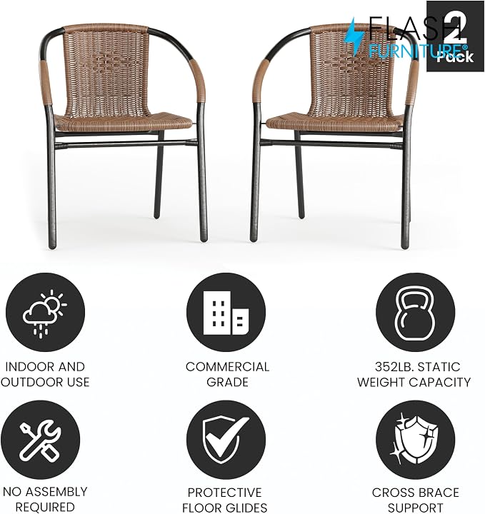 Flash Furniture Lila Modern Rattan Indoor/Outdoor Stackable Dining Chairs, Stacking Rattan Bistro Chairs for Patio or Restaurant, Set of 2, Brown - Image 4