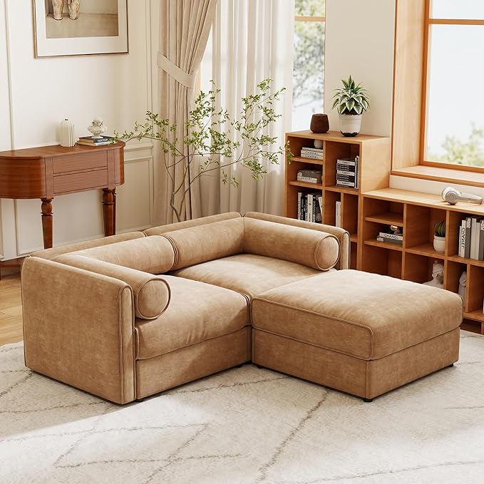 KEIKI 76" Modular Loveseat Chenille Sectional Sofa with Storage Seat and 1 Ottoman, Modern Style 2-Seater Couch with Cylindrical Backrest and Armrests, Easy Assembly, for Apartment, Living Room, Camel