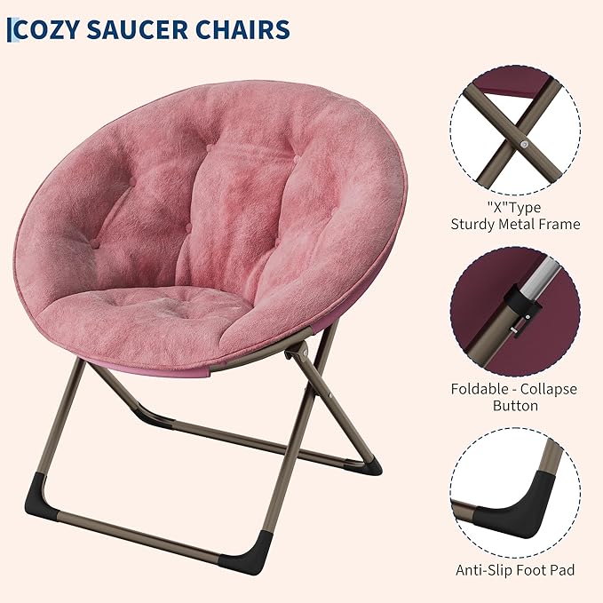 GAOMON Saucer Chair, Comfy Chair Faux Fur Lounge Moon Chair with Folding Metal Frame, Oversized Plush Flower Accent Seat for Adults, Teens & Kids, for Teens, Bedroom, Dorm or Living Room, Rose Pink