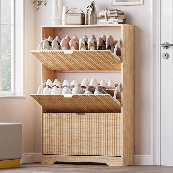 BORNOON Entryway Shoe Cabinet with 3 Flip Drawers, Narrow Shoe Organizer Cabinet with Fluted Panel and Adjustable Shelves for Foyer, Hallway by BORNOON