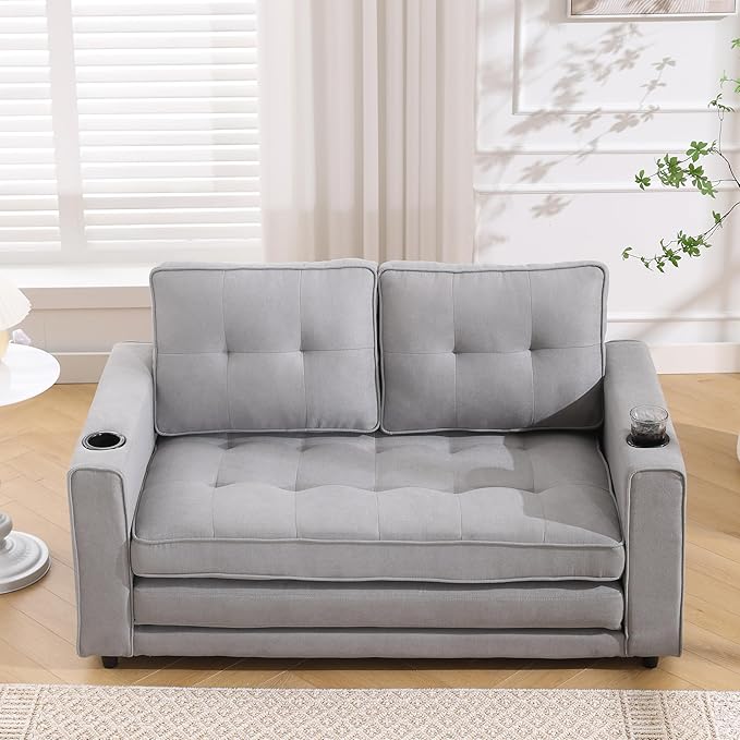 ERYE Foldable Loveseat Sofa Convertible Pull Out Sleeper Sofabed,2 Seat Tufted Upholstered Sofa Modern Convertible Sleeper Couch Bed with Cupholders and Side Pockets