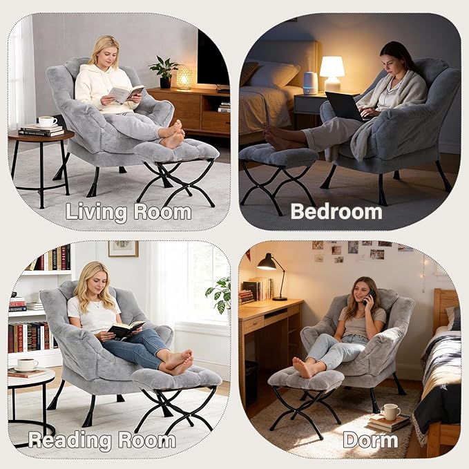 MBOOYOME Lazy Chair with Folding Ottoman, Modern Accent Armchair with Armrests and a Side Pocket & Foldable Footstool, Reading Chair for Living Room, Bedroom, Dorm & Office, Plush Grey