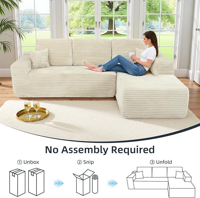 Rovibek 105" Boneless Couches for Living Room, Beige Couch with Chaise, Modular Sectional Sofa with Throw Pillow & Deep Seat, No Assembly Required Compressed Sofa