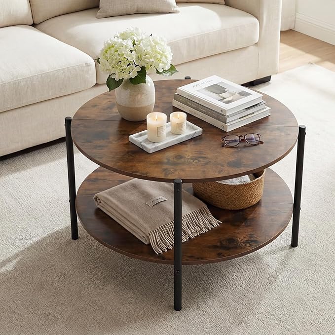 Giantex Round Coffee Table, 33.5" Small Center Table with Open Storage Shelf and Heavy-Duty Metal Frame, 2-Tier Wood Cocktail Accent Table, Living Room Tables for Small Spaces, Rustic Brown