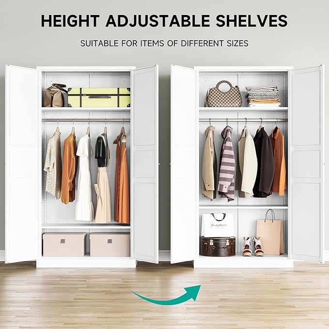 Metal Wardrobe Cabinet,Armoire Wardrobe Closet with doors,White Metal Clothing Storage Cabinet with Adjustable Shelves and Hanging Rod,72" Tall Cloth Storage Cabinets for Home,Bedroom Armoires,Laundry