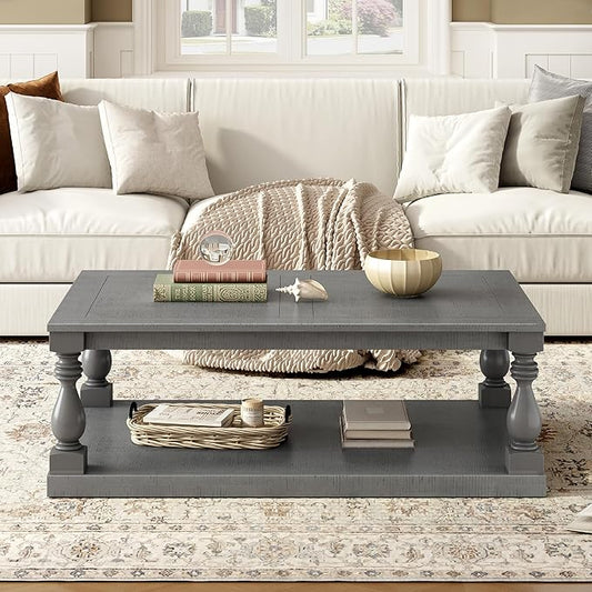 P PURLOVE Solid Wood Coffee Table,Modern Farmhouse Coffee Table/Center Table with Storage Rectangle for Living Room,Gray