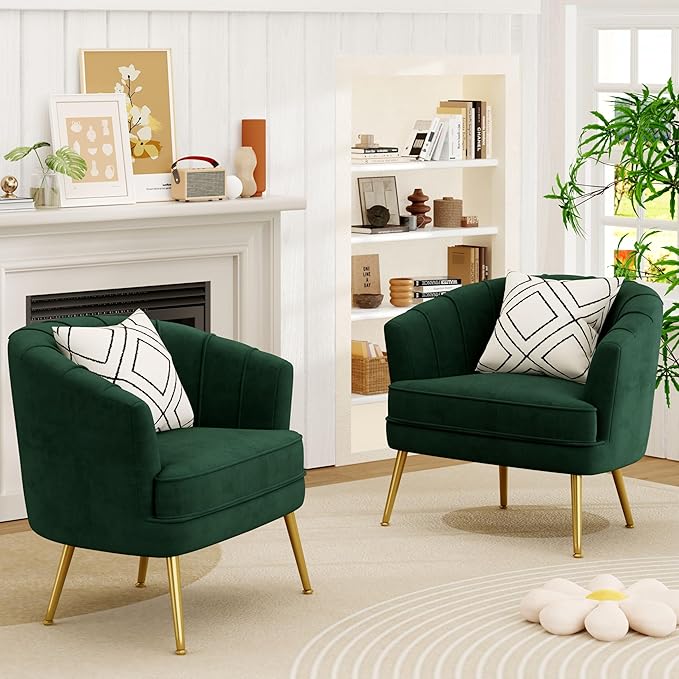 Andeworld Velvet Accent Chair Set of 2, Upholstered Modern Single Sofa Side Chair,Comfy Barrel Club Living Room Armchair with Golden Metal Legs for Bedroom Living Reading Room Office, Green