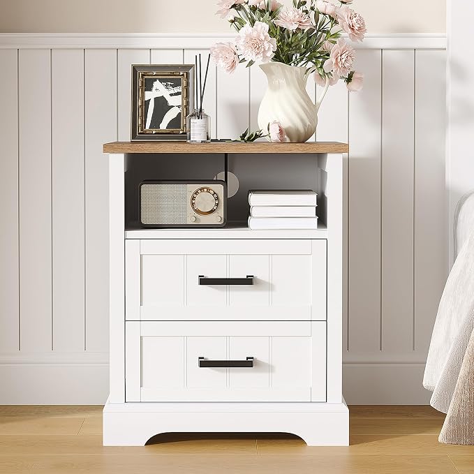 ChooChoo Farmhouse Night Stands with Charging Station, Wood Nightstand Set of 2 with 2 Drawers, Bedside Table with Open Storage Shelf for Bedroom, White - Image 2