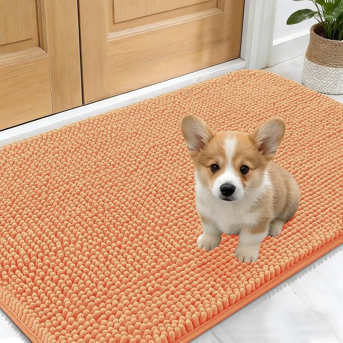 OLANLY Dog Door Mat for Muddy Paws 30x17, Absorbs Moisture and Dirt, Absorbent Non-Slip Washable Doormat, Quick Dry Chenille Mud Mat for Dogs, Entry Indoor Entryway Carpet for Inside Floor, Orange by OLANLY