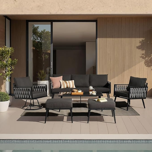Outdoor Patio Furniture Set, 6-Piece Metal Conversation Furniture Sofa with Coffee Table, All Weather Patio Couch Sofa with Thick Cushions for Balcony Backyard,Black