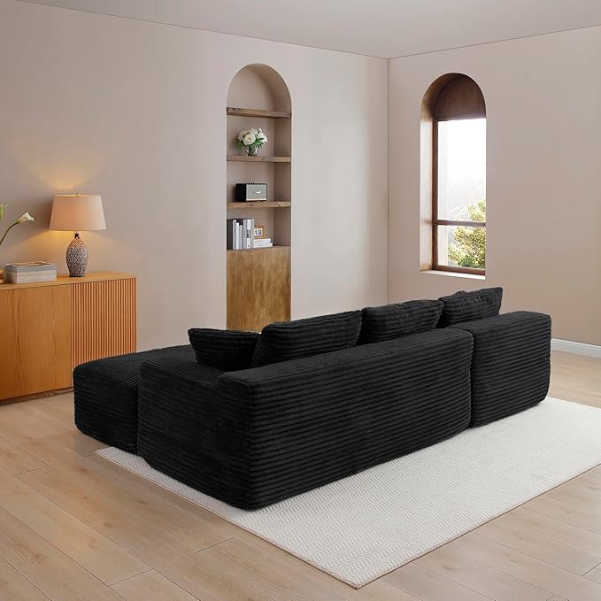 105-Inch L-Shaped Left Facing Corner Compressed Sofa Modular Sectional Boneless Cloud Sofa Floor Foam Couch with Chaise Lounge, Corduroy Corner Boneless Cloud Couch