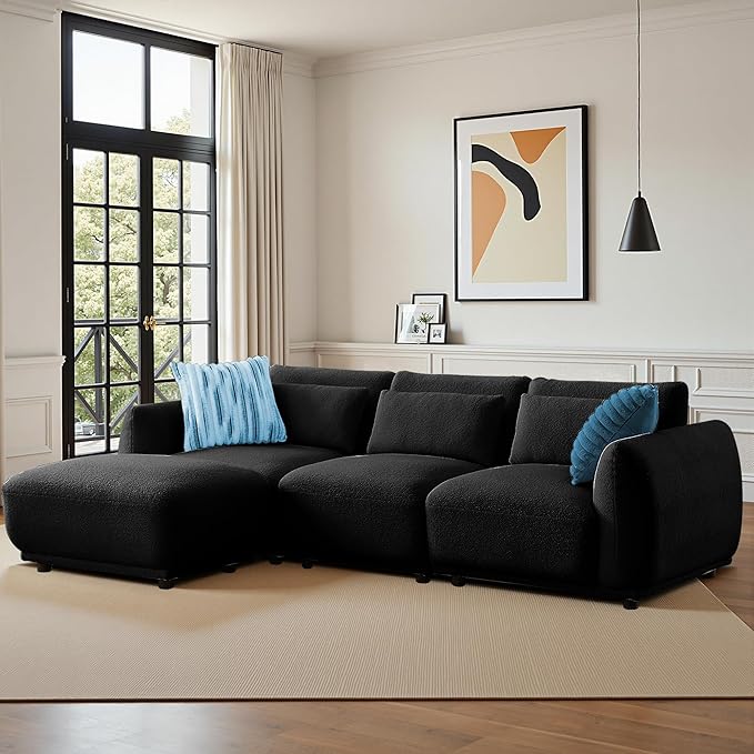 Sectional Sofa Couch, Modern U Shaped Sectional Couch with Ottoman, Modular Sectional Sofa Cloud Couches for Living Room (Black, 3 Set + 1 Ottoman)