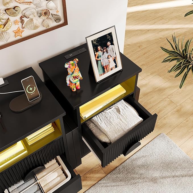 LGHM Fluted Nightstand with Charger Station Strip Lights, 20.47" W Night Stand with 2 Drawers, Large Accent Bed Side Table and End Table, Large Open Cubby Storage, Raising H Legs,Black - Image 9