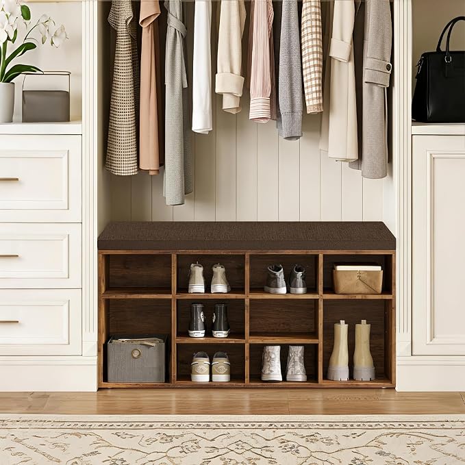 DINZI LVJ Shoe Storage Bench with Cushion, Cubby Shoe Rack with 12 Cubbies, Adjustable Shelves, Multifunctional Shoe Organizer Bench for Entryway, Mudroom, Hallway, Closet and Garage, Rustic Brown - Image 4