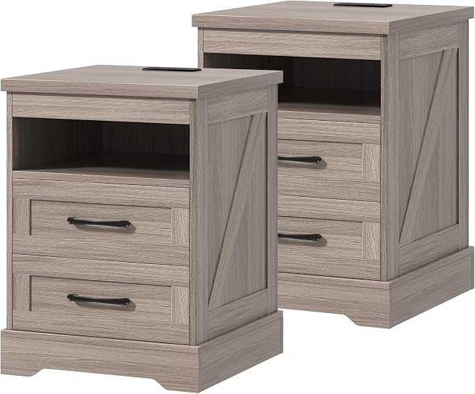18'' Nightstand with LED Lights | Built-in Power Outlets & USB Ports, Farmhouse Bedside Table with 2 Drawers and Open Storage Shelf, End Table for Bedroom, Living Rooms, Home Offices, Grey,2 Set by LotaToolsPremiumSelection
