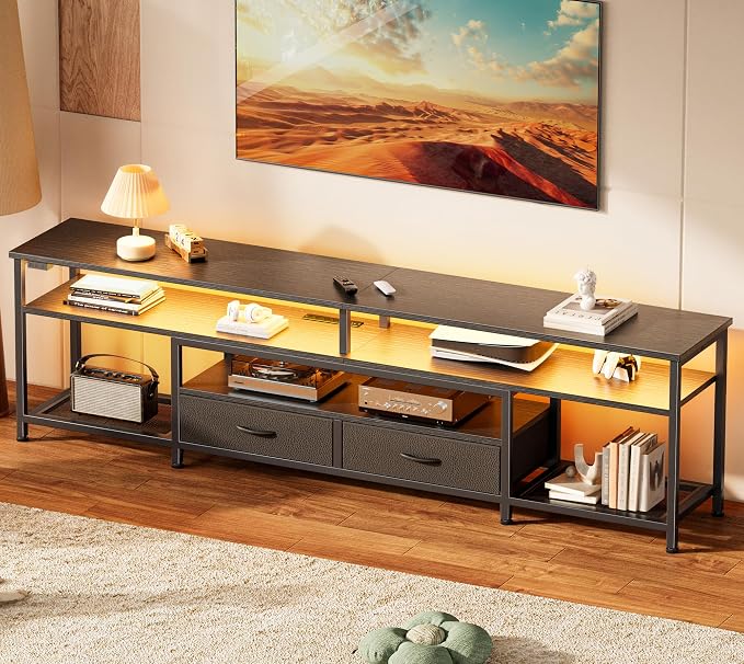 Huuger TV Stand for 75 80 Inch TV, Entertainment Center with Power Outlets and LED Lights, 70.9 Inch TV Console for Living Room, Media Console with Drawers and Shelves, Black by Huuger