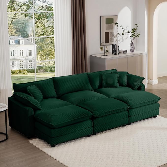 KEIKI 115" Oversized Corduroy Modular Sectional Sofa with 3 Ottoman, High-Density Foam Cushions, Removable Armrests, Upholstered 3-Seater Fluffy Corner Couch with 5 Pillow, for Living Room, Green