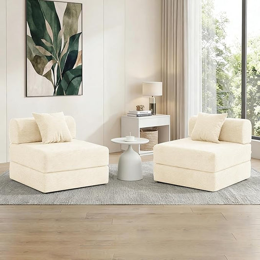 31.5'' Convertible Compressed Corduroy Folding Cloud Sofa Bed Set of 2, 2 Pieces Modern Boneless Pull Out Sleeper Sofa Couch, 3 in 1 Portable Lazy Floor Lounge Chair Set, No Assembly Needed, Beige