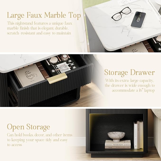 Fluted Nightstand with Drawer, Bedside Table with Faux Marble-Top, Modern Nightstand with Charging Station, Drawers and Open Shelf, Curved Corners, Modern Night Stand for Bedroom, Black - Image 4