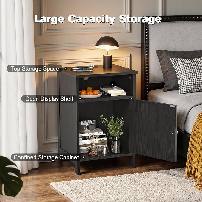 Night Stand with Charging Station, Farmhouse Nightstand with Open Shelf, Bedside Table with Enclosed Cabinet, Wooden End Table with USB Ports & Outlets for Bedroom - Image 7