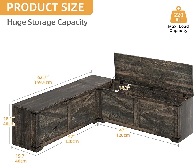 DWVO L-Shaped Storage Bench, 18" High Corner Dining Bench with Safety Hinges, Wooden Nook Chest for Living Room, Bedroom - Image 2