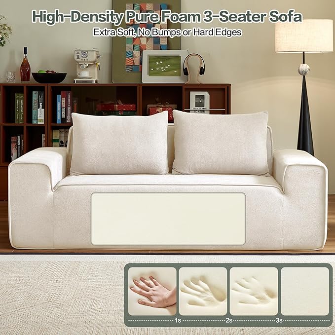 3 Seater Boneless Couch, Modern Foam Sofa in One Box, Comfy Deep Seat Sofa with 2 Pillows, Cloud Couch for Apartment, Office, No Assembly Required (White, Velvet)