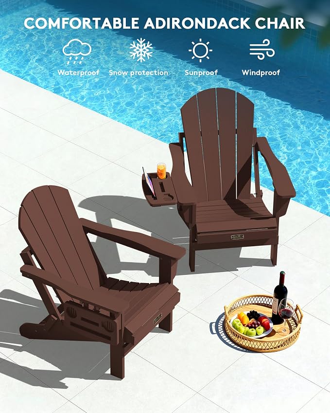SERWALL Folding Adirondack Chair for Outdoor, Paito Adirondack Chairs with 4 in 1 Cup Holder, All-Weather Patio Chairs with Wood Texture, Fire Pit Chairs for Deck Porch Garden Poolside -Coffee - Image 10