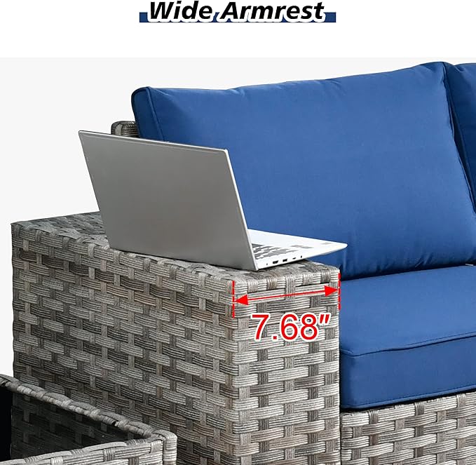 HOOOWOOO 9 Piece Modular Patio Outdoor Sectional Furniture Set with Large Propane Fire Pit Table,Wicker Conversation Sofa Set with Swivel Chairs,Outside Couch Set(Navy Blue)