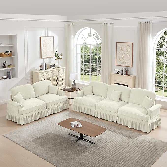KEIKI Mid Century Modular Sofa with Flared Arms and Skirted Design, 107” Oversized 3-Seater Loveseat Chenille Sectional Couches Set for Living Room Decor,Big Comfy Couch Indoor, Beige White