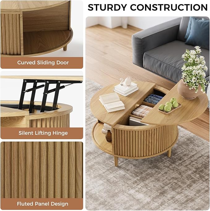 Lift Top Coffee Table with Storage, Fluted Round Center Table with Sliding Cabinet Door, Small Circle Table for Living Room, Natural Oak