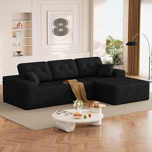 Ball & Cast 106" Cloud Sectional Couch, Compressed L-Shaped Sofa with Deep Seat Chaise, Boneless No Assembly Modular Couch, Foam & Spring Support, 2 Boxes (Right Facing, Corduroy Black)