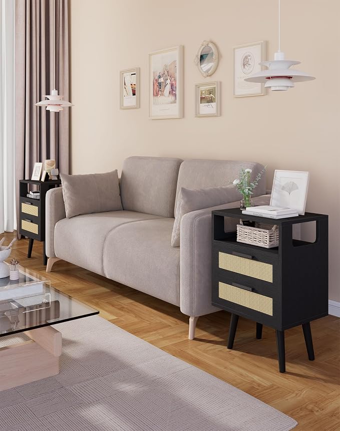 YMYNY Nightstand with 2 Drawers, Boho Side Table, Handmade Rattan Decorated, Open Shelf Unit with Arched Design, Solid Wood Legs, Storage Cabinet for Bedroom, Black UHST015B - Image 7