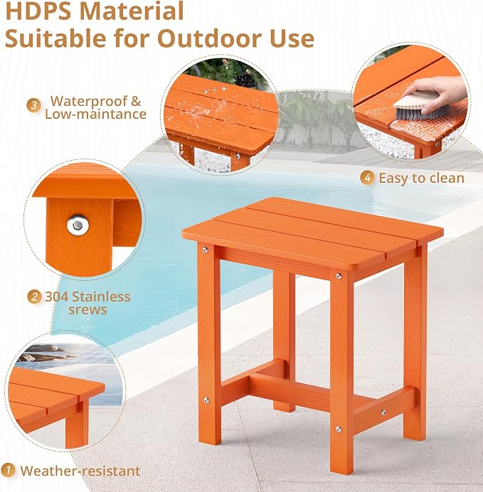 LUE BONA Outdoor Side Table, HDPS Small Outdoor Table, Adirondack Side Table, Outside End Table for Patio, Porch, Deck, Pool, Weather Resistant/Easy Maintenance/Indoor or Outside Use, Orange - Image 6