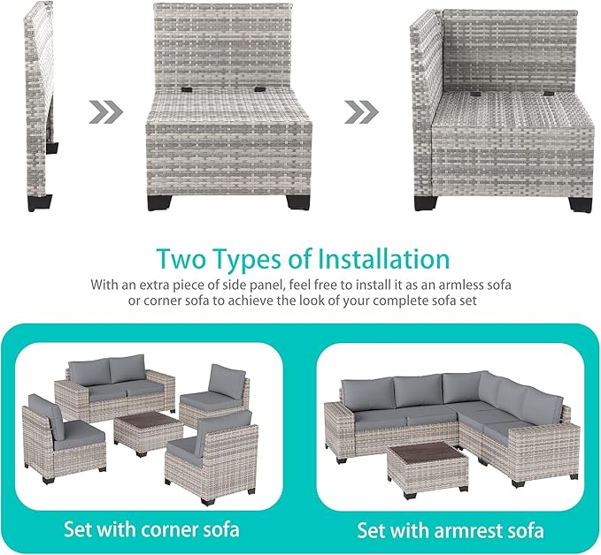13-Piece Outdoor Patio Furniture Set with 55,000 BTU Fire Pit Table, Grey PE Wicker Rattan Sectional Sofa Patio Conversation Set with Coffee Table, Grey