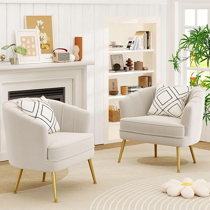 Andeworld Velvet Accent Chair, Upholstered Modern Single Sofa Side Chair,Comfy Barrel Club Living Room Armchair with Golden Metal Legs for Bedroom Living Reading Room Office, Beige