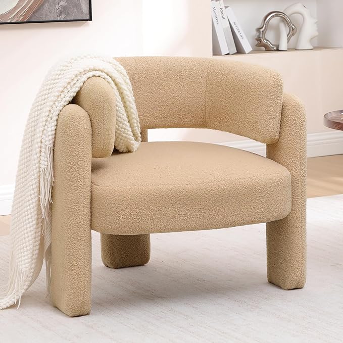 Accent Chairs Set of 2, Modern Sherpa Barrel Chairs, Upholstered Living Room Chairs with 3 Legs, Comfy Armchair Reading Side Chair for Bedroom, Office, Apartment, Khaki