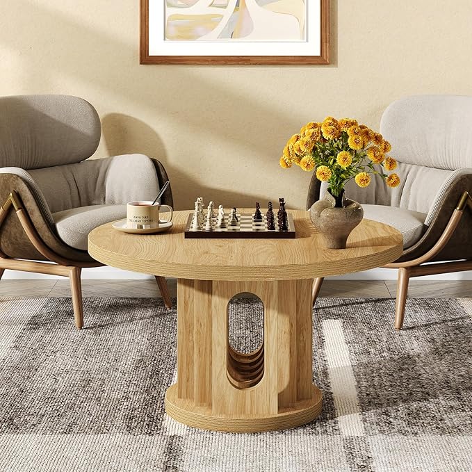 31.5" Round Coffee Table, Small Wooden Circle Center Table Hole Panel Splice Design Coffee Tables for Living Room, Thickened Edge MDF Board, Natural Oak