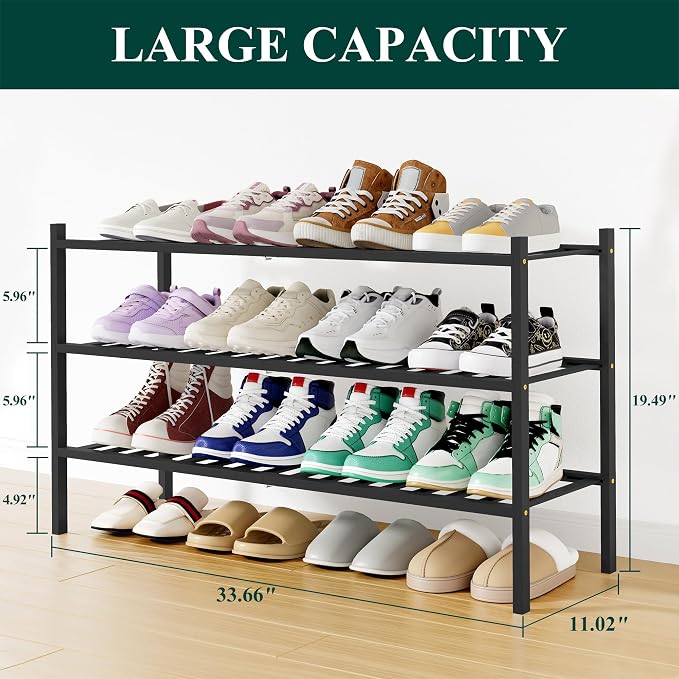 Smiry Shoe Rack, 3 Tier Long Bamboo Shoe Organizer, Stackable Free Standing Wooden Shoe Storage Shelf for Closet, Entryway, Front Door Entrance, Black - Image 2