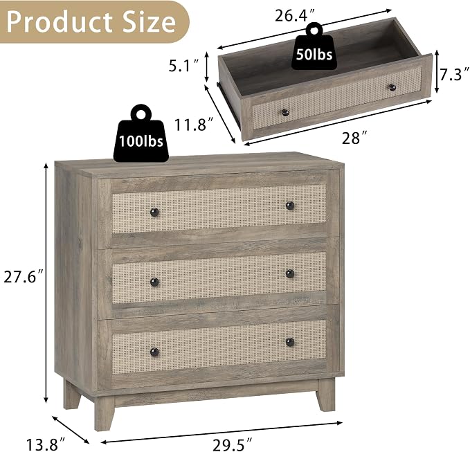 3 Drawer Dresser for Bedroom, Boho Small Natural Rattan Closet Dressers Chest of Drawers, Modern Wood Clothes Storage Organizer with Wooden Feet and Handles for Hallway, Living Room, Entryway, Grey - Image 2