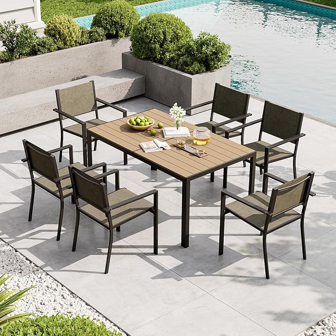 Aoxun 8-Piece Patio Table and Chairs Set & 15ft Patio Umbrella for 6, All Weather Outdoor Dining Set with 6 Textilene Chairs and 1 Rectangular Metal Table for Backyard, Garden, Brown/Beige - Image 2