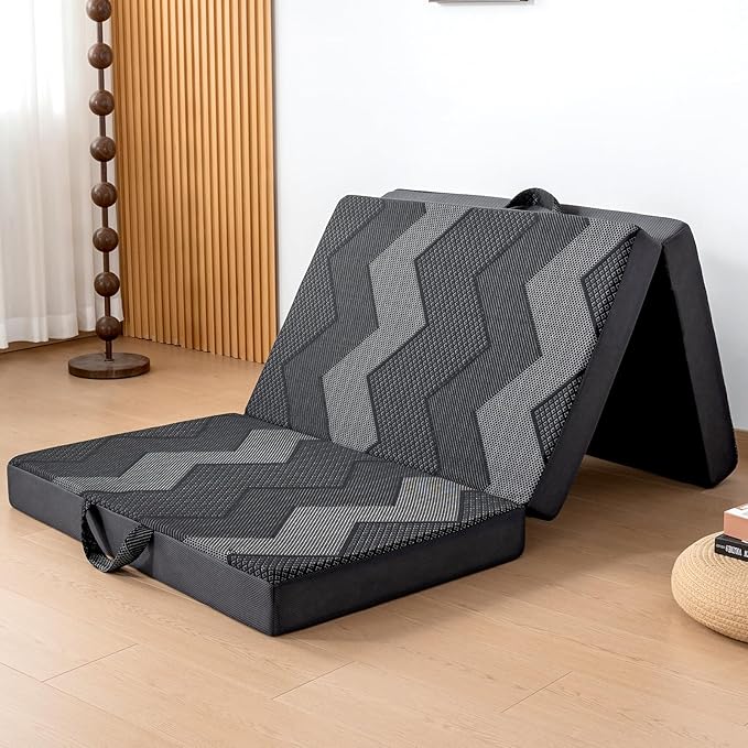 INGEROOM Foldable Mattress Single - Memory Foam 4 inch Trifold Mattress for Camping, with Portable Handle, Non-Slip Folding Floor Bed Sofa for Guest Travel Yoga, Washable Breathable Cover