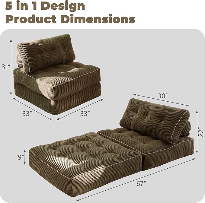 Folding Sofa Bed,Convertible Sleeper Chair for Adults, Folding Sofa Bed Foam Filling Couch with Pillow，Sleeper Chairs Single Size Floor Mattress,Brown
