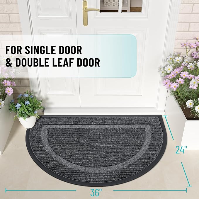 OLANLY Half Circle Door Mat Indoor Outdoor Entrance Welcome, Waterproof All-Season, All-Weather Doormat, Sturdy Natural Rubber, Low Profile, Easy Clean Patio Porch Entryway Mat, 36x24, Grey - Image 2