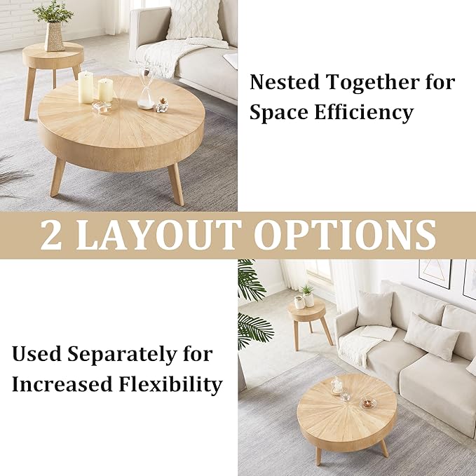 Gexpusm 2-Piece Solid Wood Coffee Table Set, Rustic Round Farmhouse End Tables for Living Room, 31x31x16 in, Light Brown