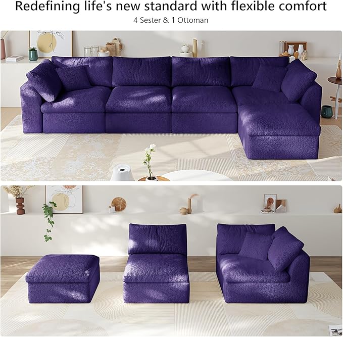 138" Modular Sectional Sofa Boneless Cloud Couch for Living Room, L Shape Deep Seat Recliner Sofa with Ottoman, Adjustable Backrest & 2 Throw Pillows - Covers Washable, (Purple, 4 Seater+1 Ottoman)