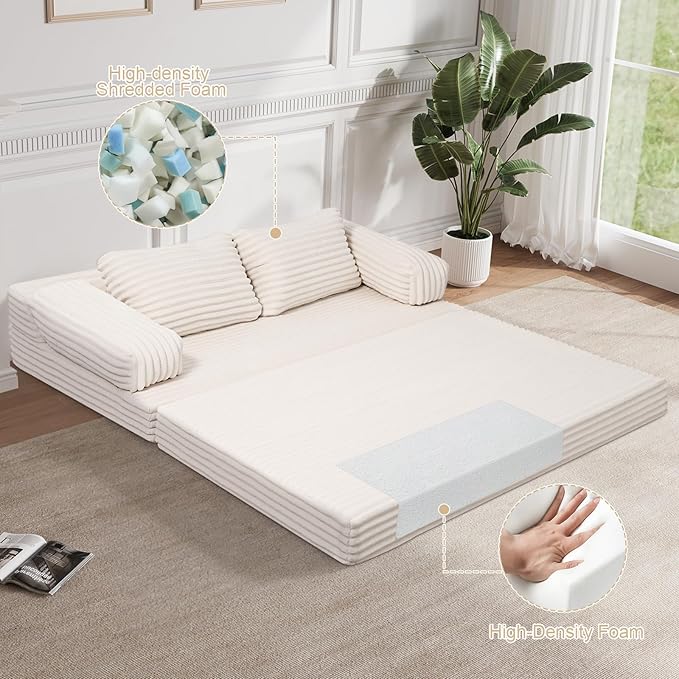 MeMoreCool Convertible Sofa Bed, Folding Floor Couch Bed Queen, Pull Out Sleeper Couch with Pillows, Fold Out Futon Sofa for Bedroom Living Room Small Space, Corduroy Beige