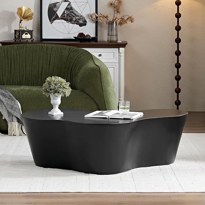 50" Coffee Table Modern Irregular Center Table Fiberglass Sturdy Table for Living Room, No Need Assembly Black