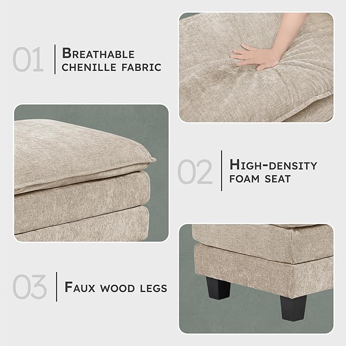 Lexicon Chenille Upholstered Rectangle Ottoman, Foot Stool, Black Faux Wood Feet, Durable Frame, Large Padded, Modular Sectional Couch Add Ons for Living Room, Bedroom, Assembly Required, Light Taupe